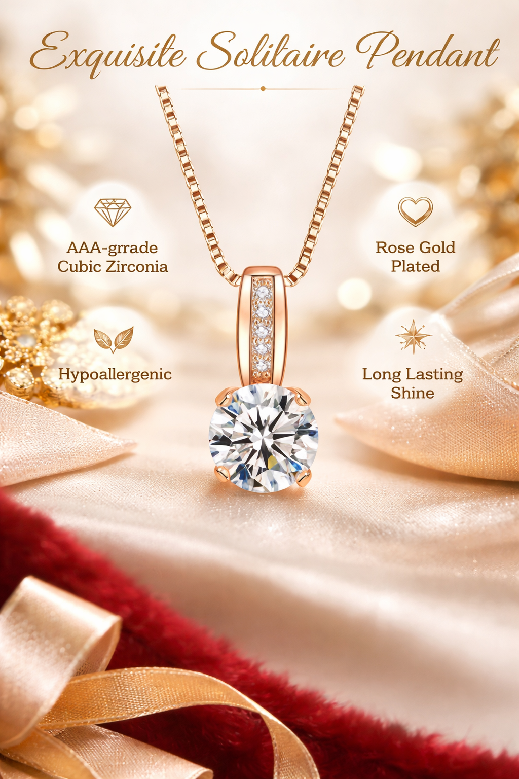 Zolvia Signature Rose Gold Solitaire Pendant Necklace for Women