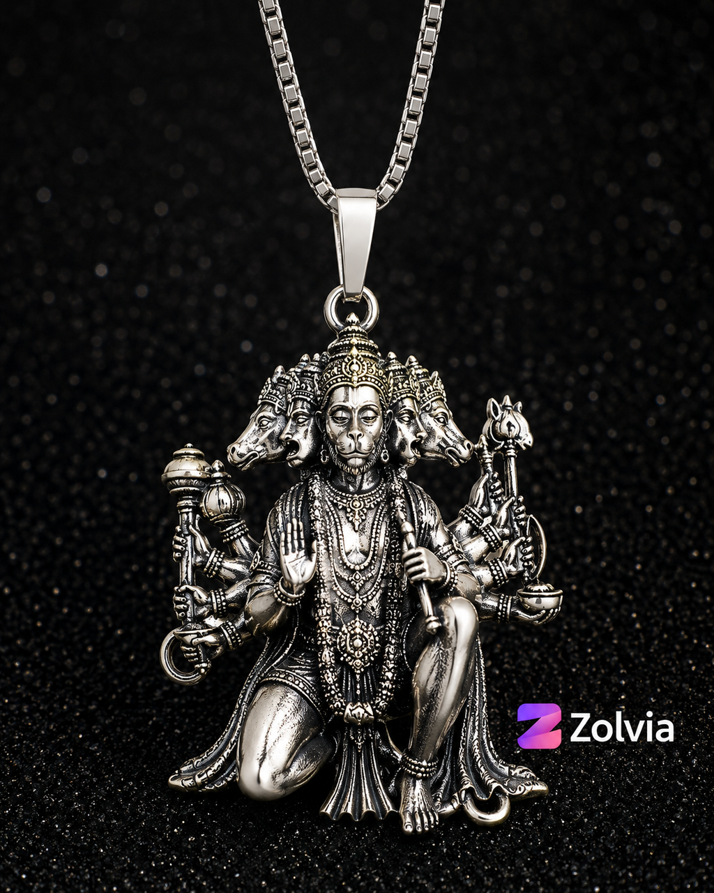 Panchmukhi Hanuman Pendant Necklace for Men | Premium Silver Finish Chain | Stylish Spiritual Jewelry | Zolvia
