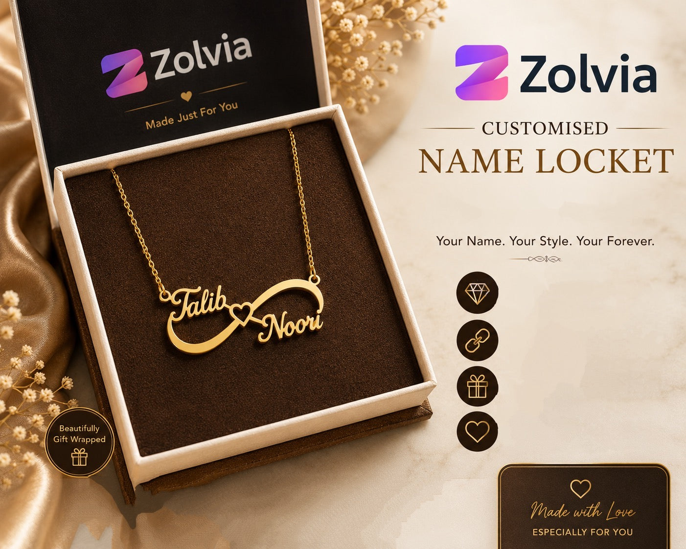 Customised Infinity Name Locket For Couples | Premium Gold Finish Necklace