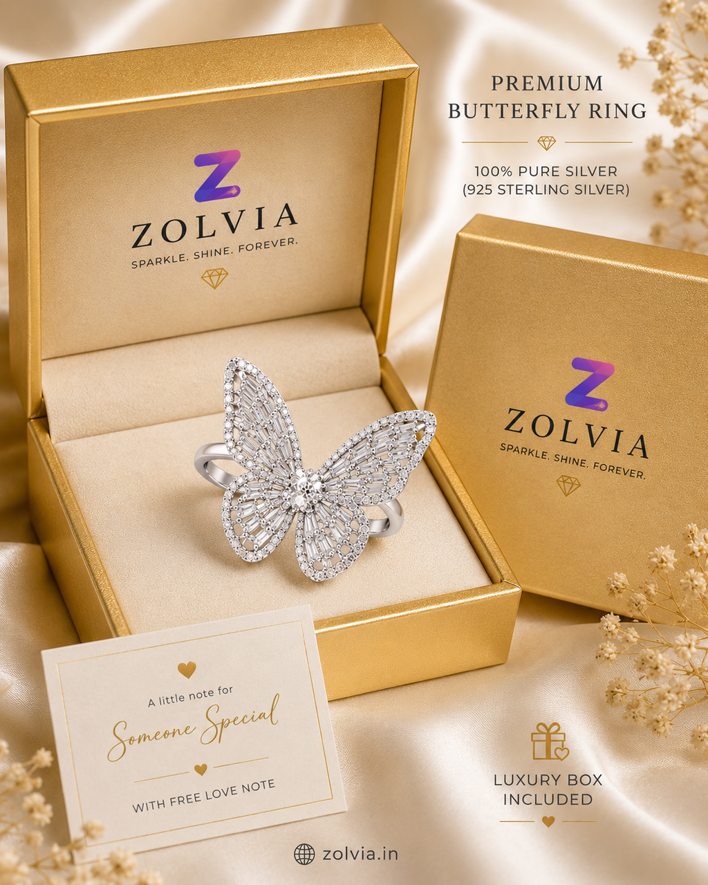 Zolvia Premium Butterfly Ring | Luxury Silver Statement Ring for Women