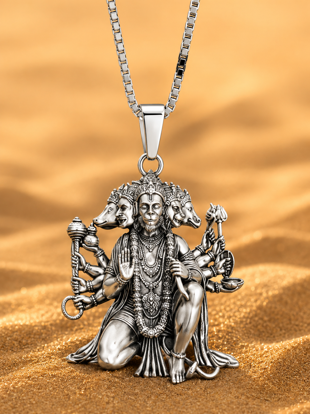 Panchmukhi Hanuman Pendant Necklace for Men | Premium Silver Finish Chain | Stylish Spiritual Jewelry | Zolvia