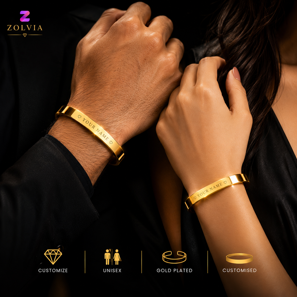 Zolvia Customize Cuff Bracelet | Premium Personalized Gold Bracelet for Men & Women