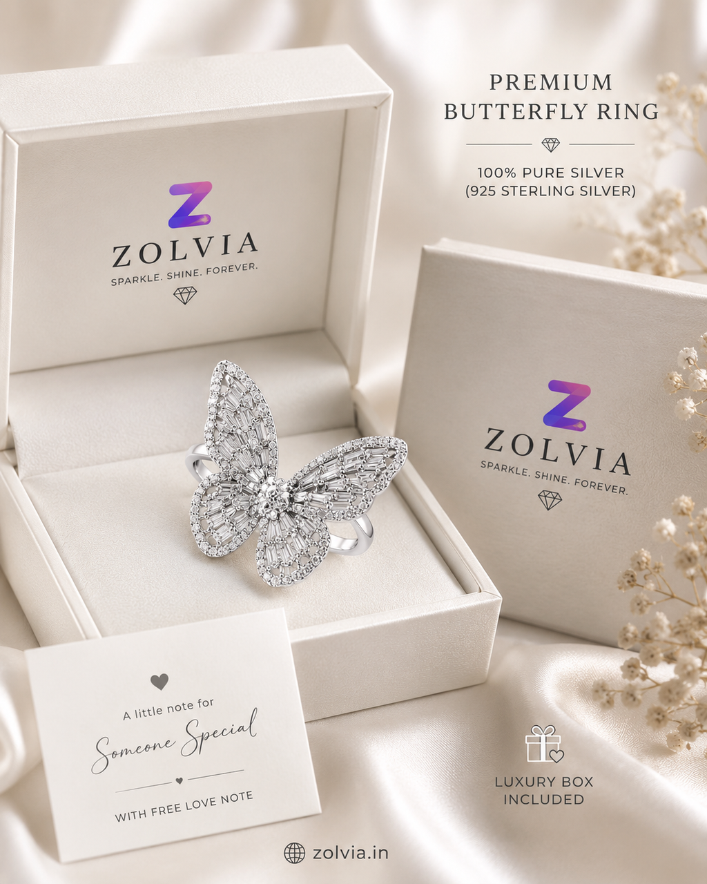Zolvia Premium Butterfly Ring | Luxury Silver Statement Ring for Women