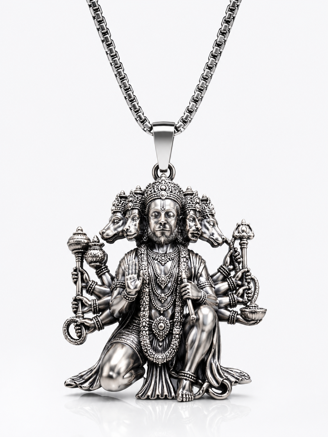 Panchmukhi Hanuman Pendant Necklace for Men | Premium Silver Finish Chain | Stylish Spiritual Jewelry | Zolvia