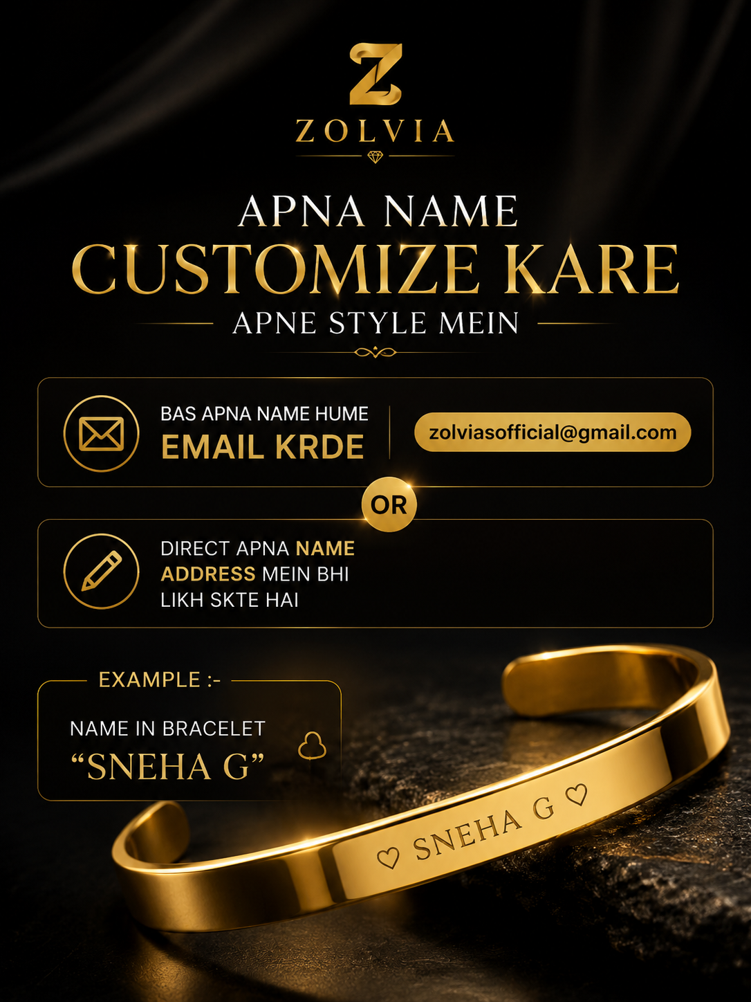 Zolvia Customize Cuff Bracelet | Premium Personalized Gold Bracelet for Men & Women