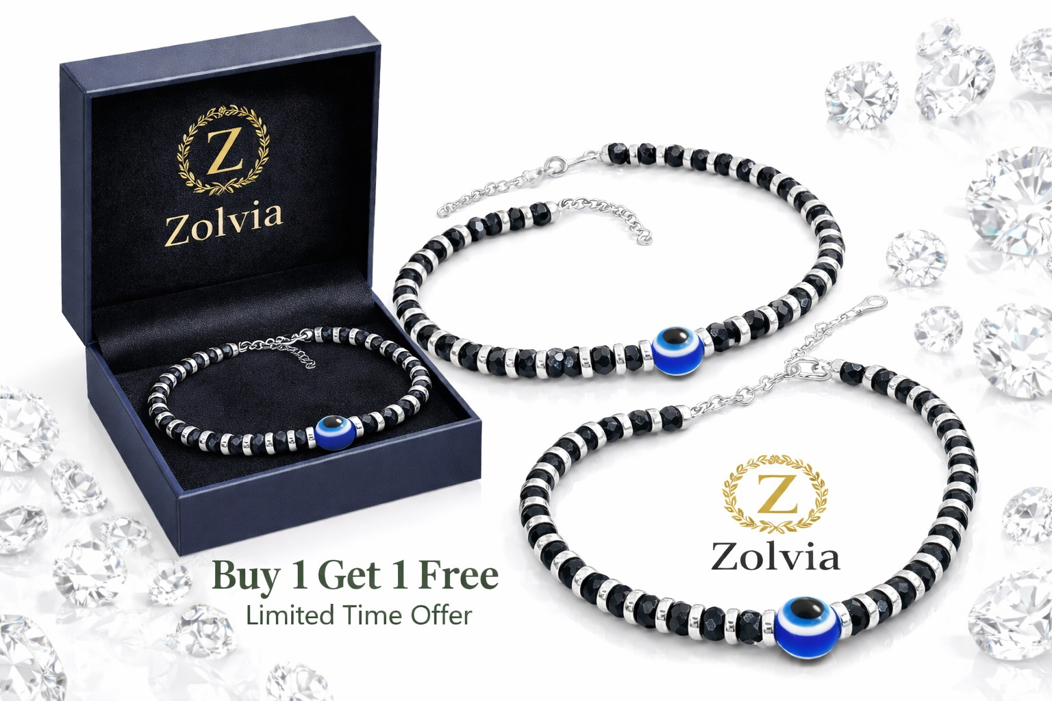 Zolvia Evil Eye Bracelet for Men & Women | Unisex Black Beads | Buy 1 Get 1 Free